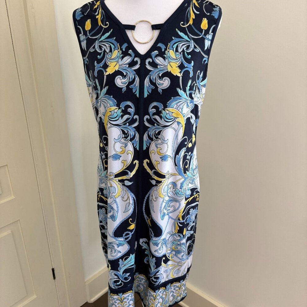 Sleeveless V-Neck Dress In Flowing Pattern of Blue, Yellow and White
